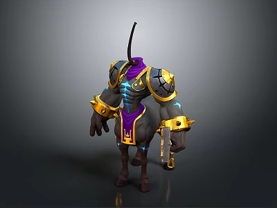 Horned Fantasy Creature Character With Armored Torso Golden Purple Accents Glowing Patterns And Equine Legs 3d model
