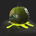 Green Pumpkin Vegetable With Carved Smiley Face Yellow Liquid And Mottled Surface