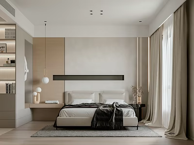 Modern Minimalist Bedroom Interior With Bed Light Curtains Wooden Wall Panels And Recessed Lighting 3d model