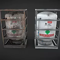 Rusty and New Hydrogen Storage Tanks in Metal Frames with Labels 3d model