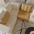 Modern Elegant Sofa Set With White And Gold Sections Round Rug Coffee Table And Chandelier