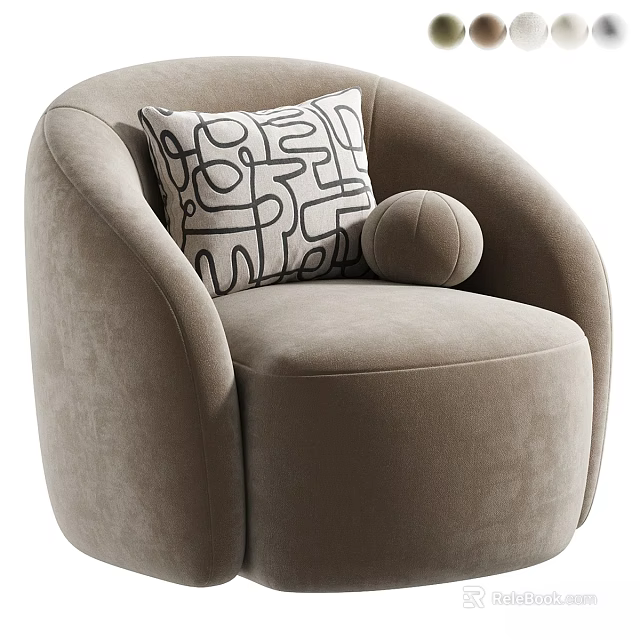 Comfortable Beige Velvet Accent Chair With Round Arms Geometric Pattern Pillow And Round Bolster 3d model 