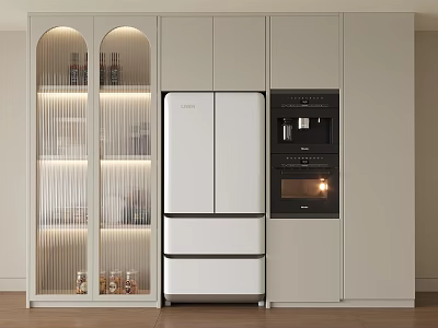 Modern Light Colored Kitchen Cabinet With Glass Doors Lighting And Appliances 3d model