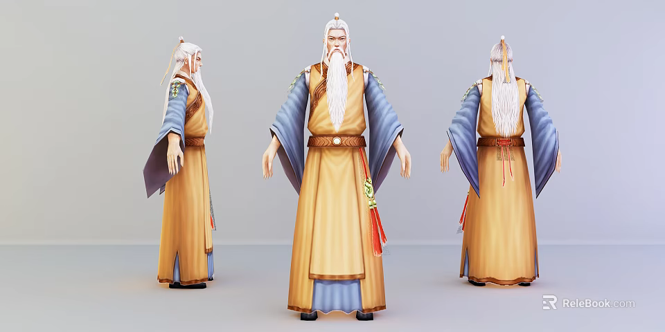 Elderly Game Movie Character With White Hair Beard Yellow Robe And Blue Sleeves 3d model 