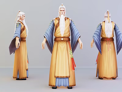 Elderly Game Movie Character With White Hair Beard Yellow Robe And Blue Sleeves 3d model