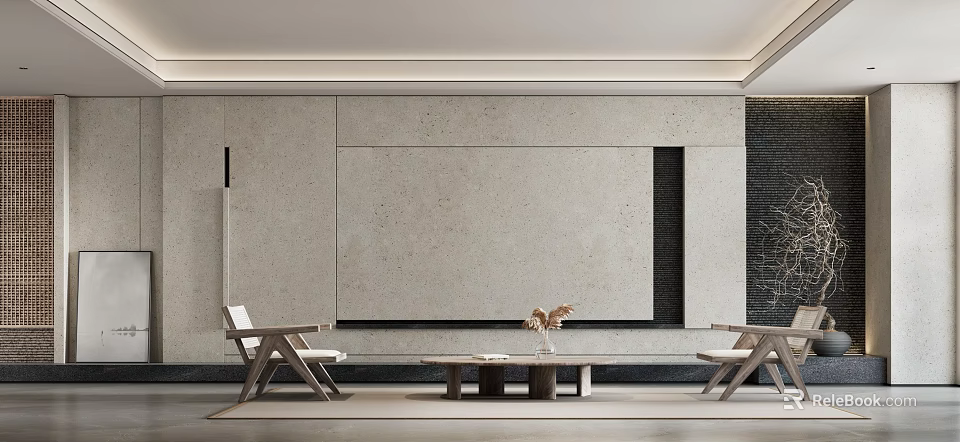 Modern Minimalist Living Room With Terrazzo Background Wall And Natural Wooden Coffee Table Chairs 3d model 