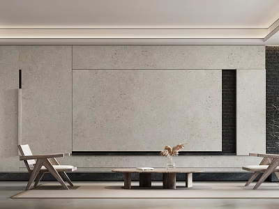 Modern Minimalist Living Room With Terrazzo Background Wall And Natural Wooden Coffee Table Chairs 3d model