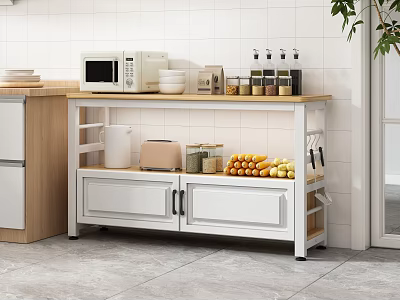 Functional Kitchen Storage Cabinet with Microwave Bowls Spice Jars Oranges and Knives on Wooden Countertop 3d model