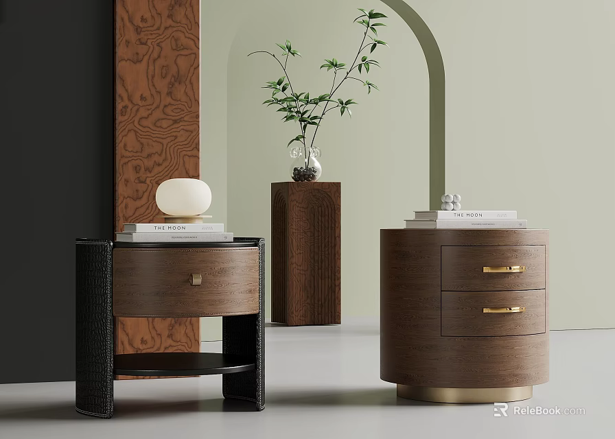 Two Modern Wooden Bedside Tables with Drawers Gold Handles Black Frame and Decorative Books Ornament 3d model 