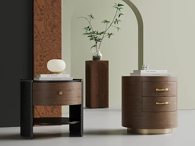 Two Modern Wooden Bedside Tables with Drawers Gold Handles Black Frame and Decorative Books Ornament 3d model