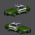 Green And White Striped Police Car With Roof Emergency Lights And Door Badge