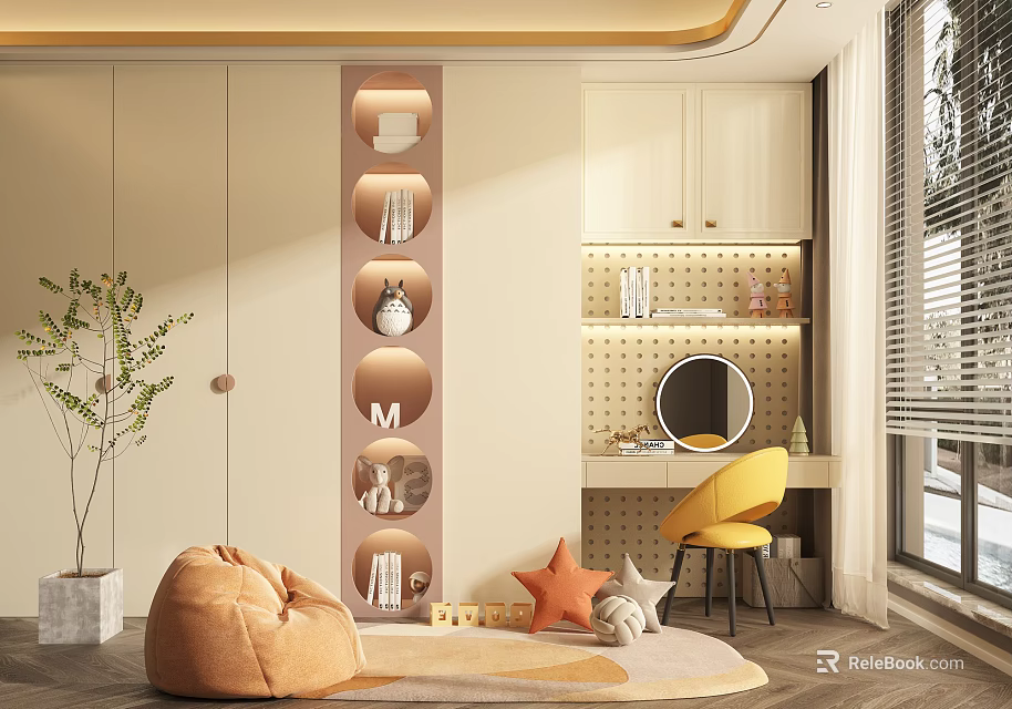 Modern Elegant Wardrobe Interior With Circular Display Shelves Dressing Table And Yellow Chair 3d model 