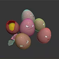 Household Pink Decorative Eggs With Angry Faces And Broken One Showing Yolk Inside