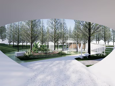 Modern Park Landscape With Tall Trees Green Grass White Structures And Wide Pathway 3d model