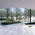 Modern Park Landscape With Tall Trees Green Grass White Structures And Wide Pathway