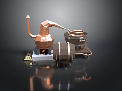 Vintage Copper Distillation Setup With Barrel Coil Fire And Wooden Logs 3d model