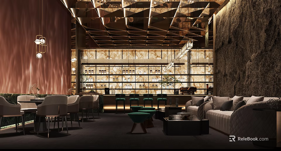 Modern Luxury Hotel Public Lounge Area With Cozy Sofas Stylish Bar And Warm Ambient Lighting 3d model 