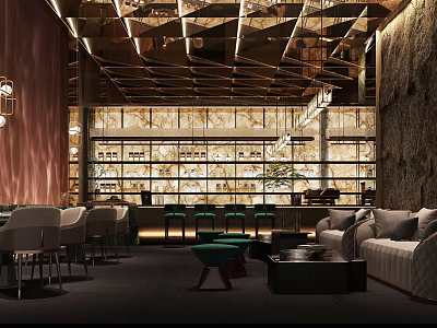 Modern Luxury Hotel Public Lounge Area With Cozy Sofas Stylish Bar And Warm Ambient Lighting 3d model