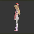 Game Anime Character With Blonde Hair Red Bow Pink Apron And Purple Rabbit Doll