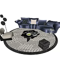 Navy Blue Corner Sofa with Pillows and Black Coffee Table Set on Round Striped Rug