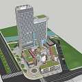 Modern Commercial Complex With High Rise Buildings Low Rise Structures Green Spaces And Circular Plaza