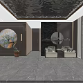 Elegant Chinese Storefront Reception With Marble Desk Black Counter Mirrored Ceiling Chandelier And Potted Plant