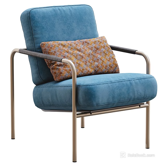 Modern Blue Single Seater Sofa with Metal Frame and Patterned Accent Pillow 3d model 