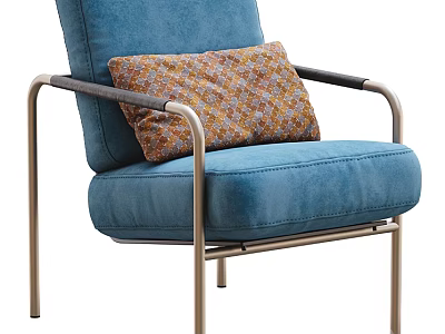 Modern Blue Single Seater Sofa with Metal Frame and Patterned Accent Pillow 3d model