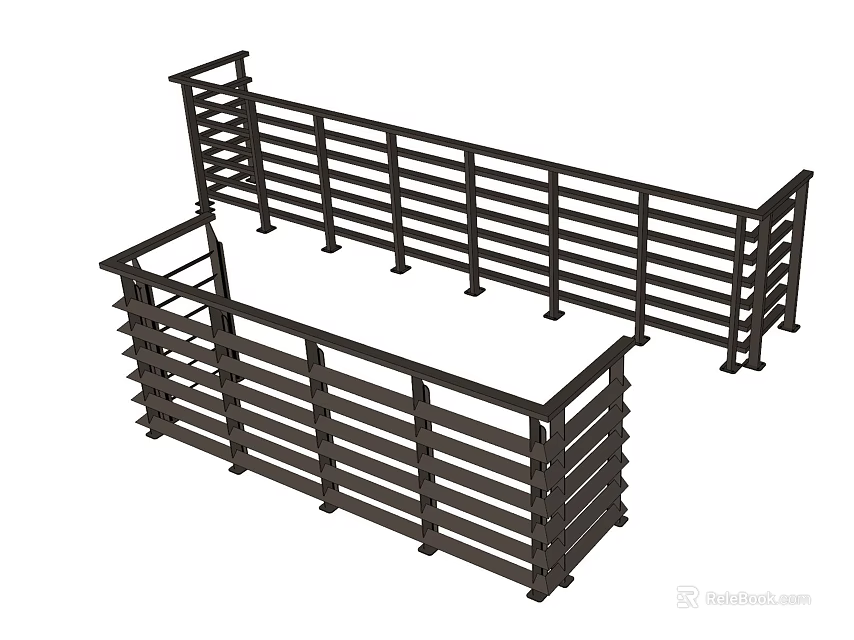 Outdoor Fence With Stylish Railing Design Horizontal Slats And Black Finish 3d model 