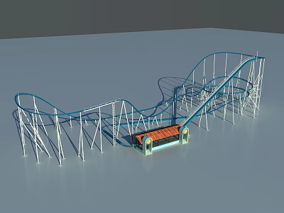 Amusement Park Roller Coaster With Blue Track White Support And Orange Carriages 3d model
