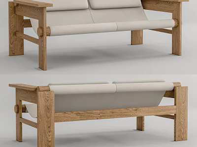 Double Sofa With Wooden Frame And Light Colored Cushions For Living Room 3d model