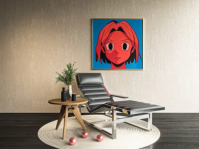 Black Lounge Chair With Wall Art Side Table Plant Round Rug And Red Balls 3d model