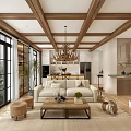 Open Concept Living Dining Room Interior With Wooden Ceiling Pendant Lights And White Sofa