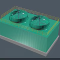 Industrial Equipment Green Cooling Tower With Dual Circular Tops Yellow Railings And Pipes