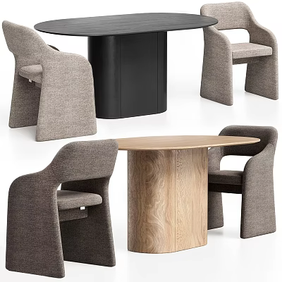 Modern Round Dining Table and Chairs Set With Oak Wood Top And Gray Upholstered Seats 3d model