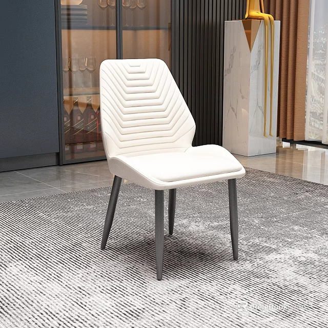 Modern White Upholstered Dining Chair With Striped Backrest And Black Legs 3d model 