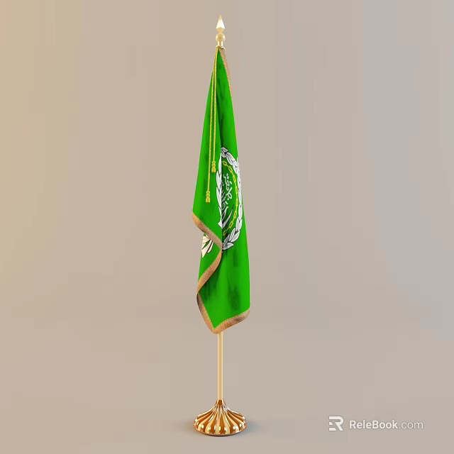 Green National Flag Featuring White Emblem Mounted On Golden Flagpole Against Gray Background 3d model 