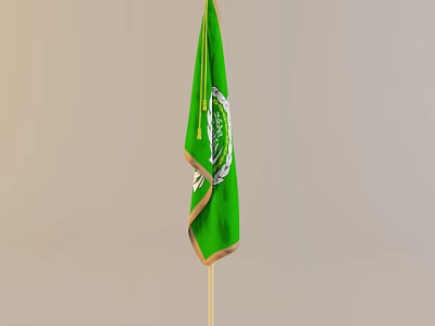 Green National Flag Featuring White Emblem Mounted On Golden Flagpole Against Gray Background 3d model