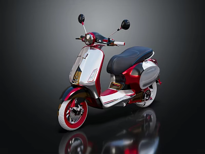 Red and White Modern Scooter with Black Seat Shiny Alloy Wheels and Glossy Reflection 3d model