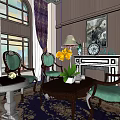 Green Upholstered Chairs And Coffee Table With Stained Glass Window Dark Brown Walls And Fireplace