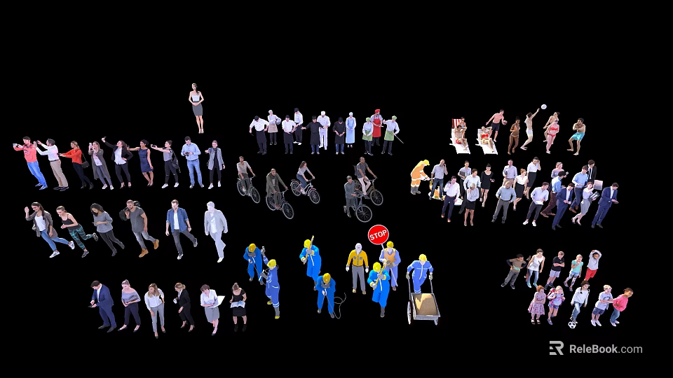 Diverse People in Various Poses and Actions Including Cyclists and Shoppers 3d model 
