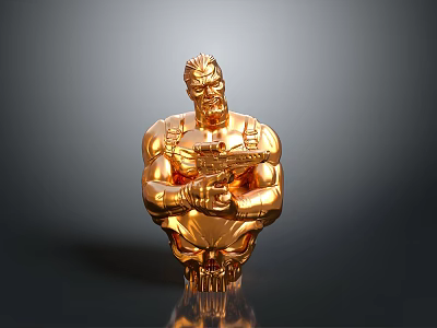 Golden Muscular Man Statue Holding Weapon With Skull Base Design 3d model