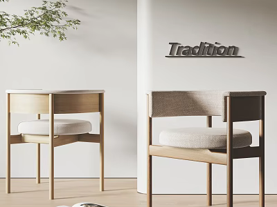 Modern Dining Chairs In Minimalist Interior With Wooden Frame And Beige Fabric Cushion 3d model