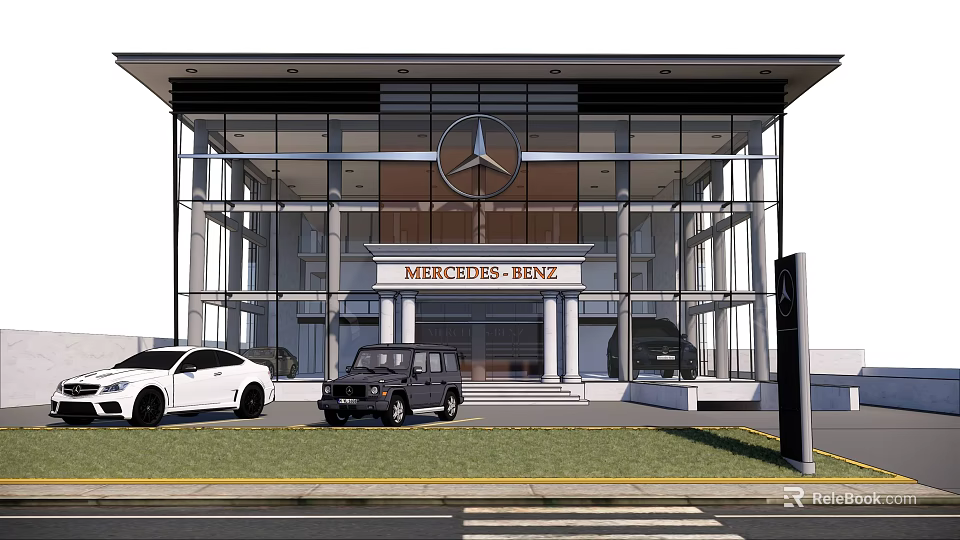 Modern Mercedes Benz Dealership Exterior With Glass Facade Logo And Parked Cars 3d model 