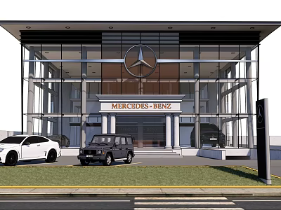 Modern Mercedes Benz Dealership Exterior With Glass Facade Logo And Parked Cars 3d model
