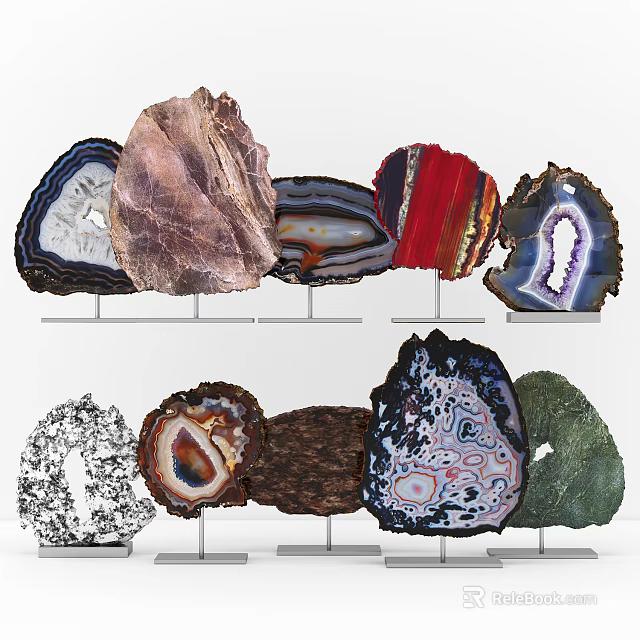 Colorful Agate Slice Decorative Set With Natural Texture On Metal Stands For Home Decor 3d model 