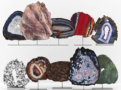 Colorful Agate Slice Decorative Set With Natural Texture On Metal Stands For Home Decor 3d model