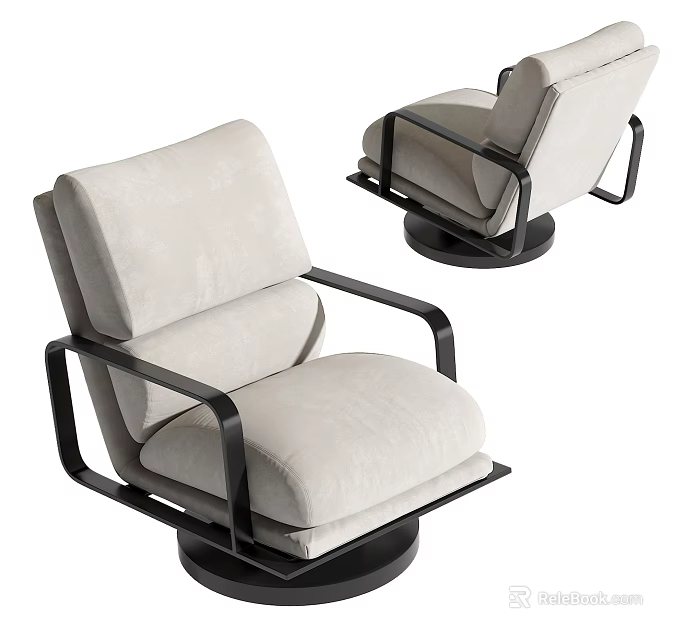 Modern Beige Fabric Single Sofa With Black Metal Frame Armrests And Swivel Base 3d model 