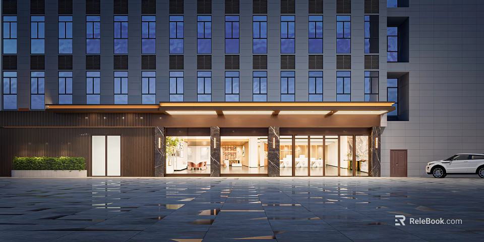 Elegant Modern Storefront Design With Glass Entrance Stone Wall And Wet Slate Floor 3d model 