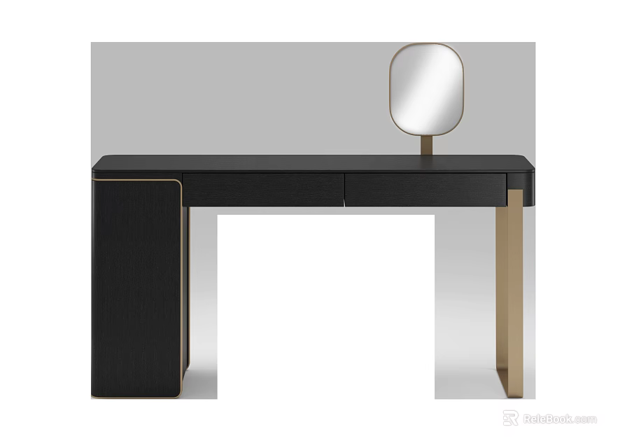 Modern Black Dressing Table With Gold Accents And Round Mirror 3d model